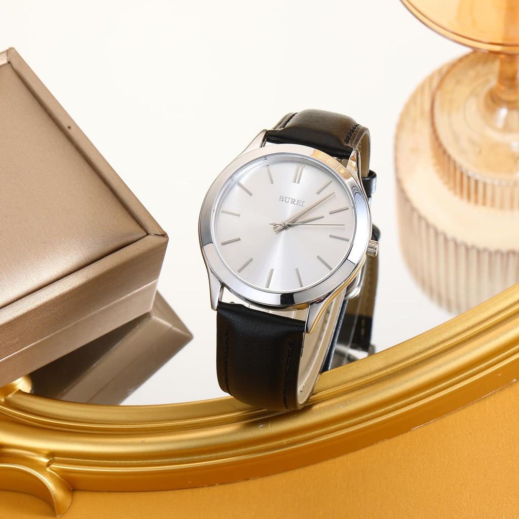 BUREI Analog Quartz Leather Gift Men's Watch, Waterproof, Popular, Simple, Stylish, Business, Casual, Strap, (Silver, Black, Leather)