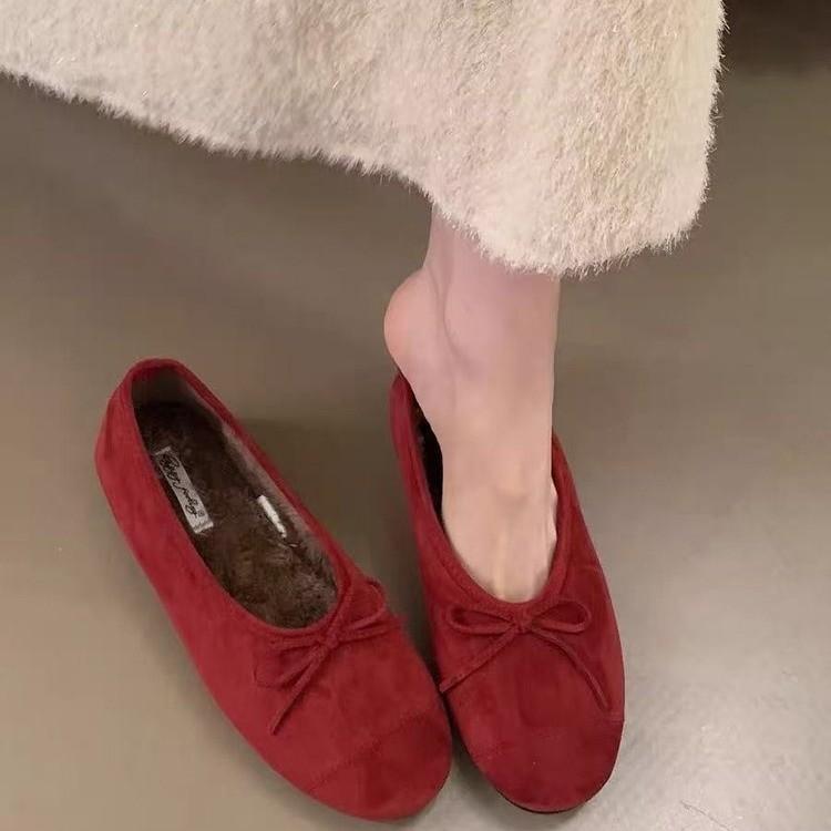 French Gentle Bow With Plush Shoes, New Autumn And Winter Fairy-Style Shallow Ballet Shoes, Grandma Shoes