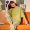 Spring and Autumn Pajamas Women's Short-sleeved Trousers Set Summer Loungewear Cotton Casual Style Simple Plaid Pants Can Be Worn Outside