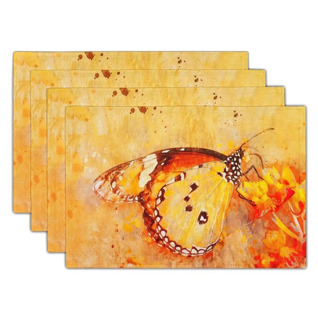 4PC Flowers Butterfly Table Pad Entomology Watercolor Table Mats Rectangle Durable Placemat Heat Insulation Burlap Kitchen Mat