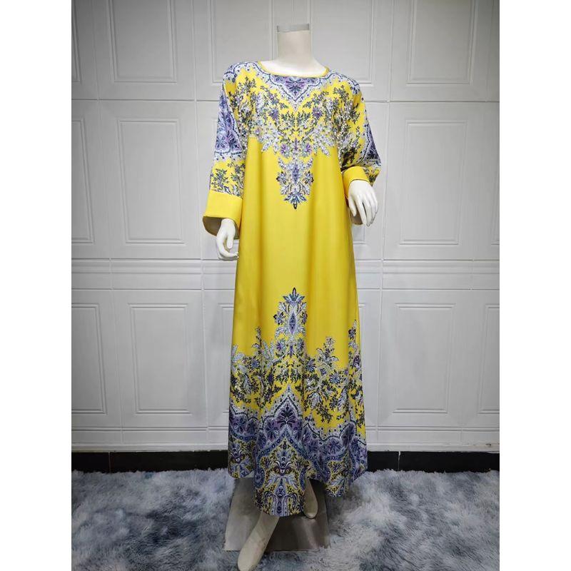 

New Arrival Djellaba Pullover Printed Rhinestones Dress Printed Diamond Studded Dress Yellow M