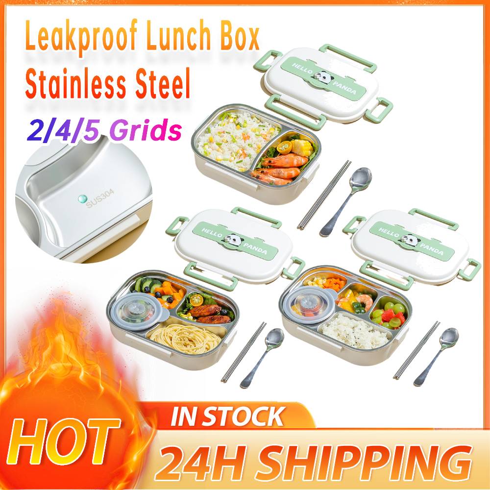Stainless Steel Leakproof Lunch Box Microwave Safe 2/4/5 Grids with Cutlery Set Panda for Adults Kids for Children School Picnic