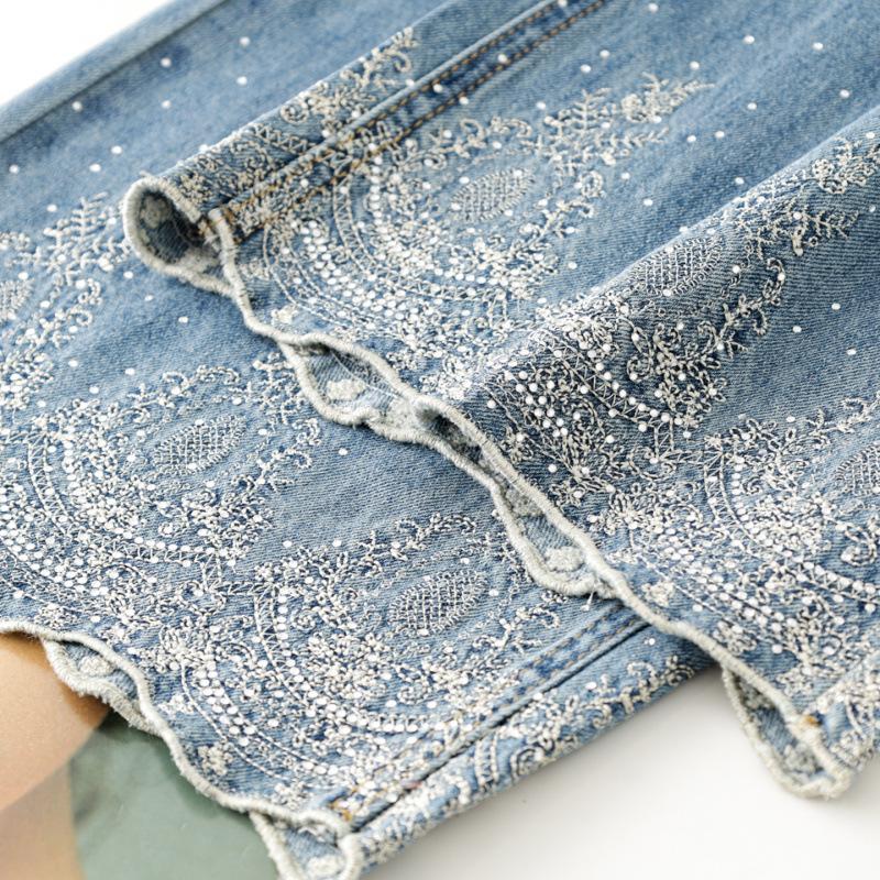 Lace embroidery hot diamond design wide-leg jeans women's summer thin national style retro nine-point scimitar pants
