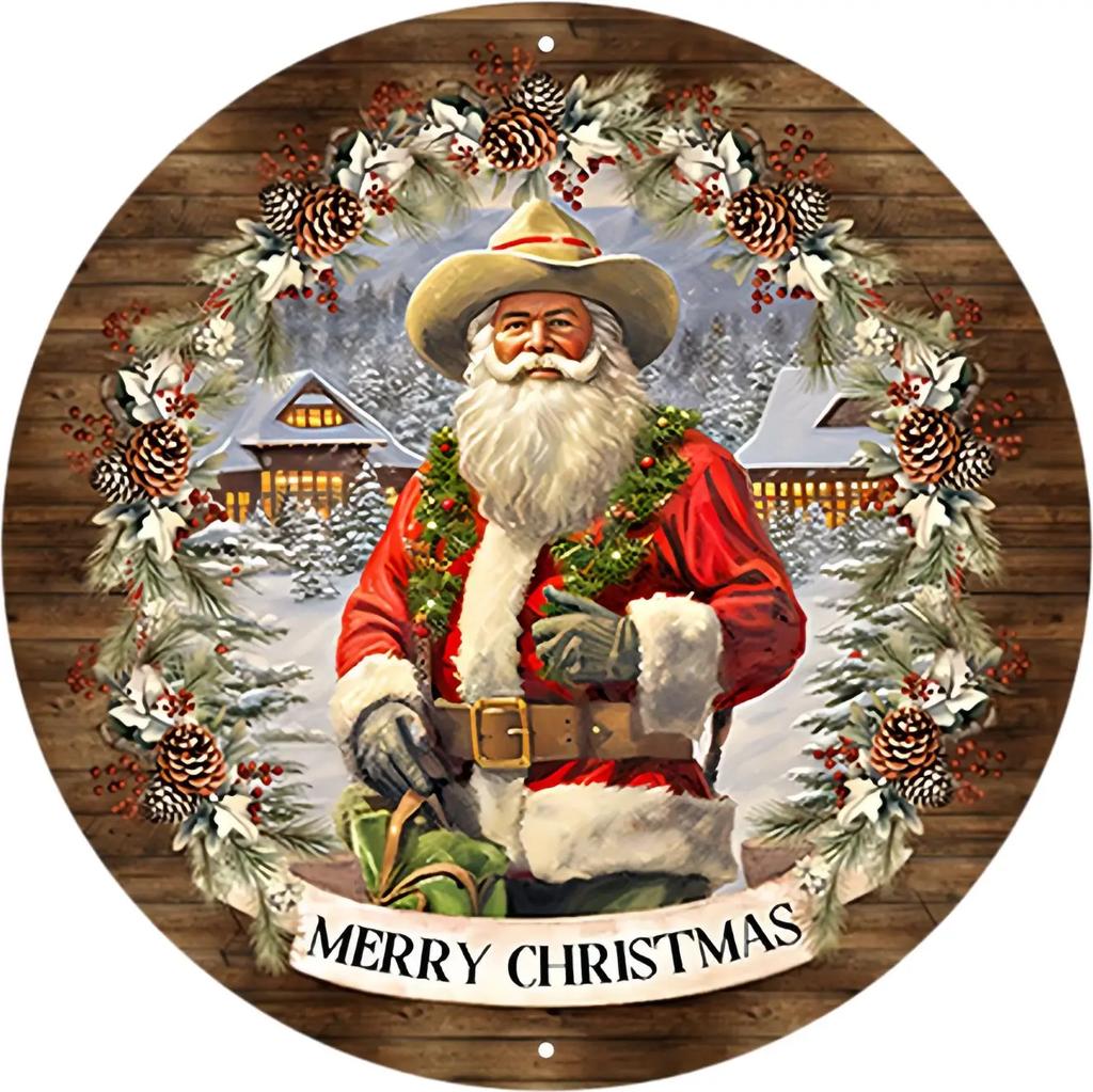 Round Metal Tin Sign Art Painting Wreath Decorative Plates Cartoon Snowman Christmas Poster for Home Garden Garage Wall Decor