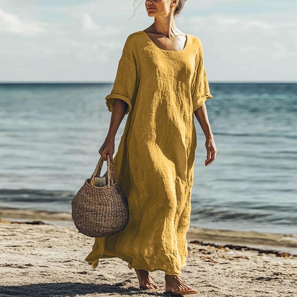 Women Summer Floral Dress Short Sleeve Beach Dress With Pockets Casual O-Neck Long T-Shirt Dress Travel Vacation