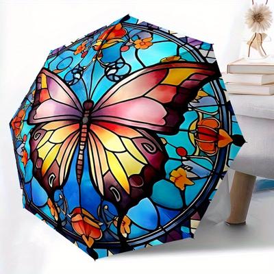 1pc Butterfly StainedGlass Compact Travel Umbrella, Automatic Folding Lightweight Windproof 8-Bone Reinforced Design, Portable for Backpack