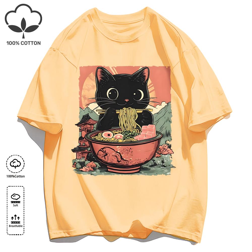 Retro Cats Like To Eat Lamian Noodles Unisex T Shirt Retro Fashion Short Sleeve Summer Comfortable Tee Unisex Cotton Loose Clothing
