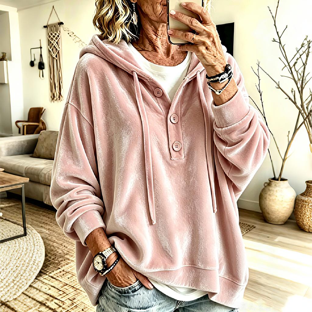 Women's Velvet Long Sleeve Hoodie Loose Fit Color Casual Pullover