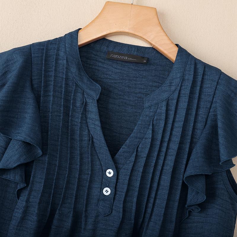 ZANZEA Women Casual V-Neck Ruffles Short Sleeve Blouse