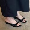 Fashion Women's Summer Patent Leather Butterfly-knot Slippers Street Style Square Toe Dress Shoes Outdoor Ladies Thick Heel Slides