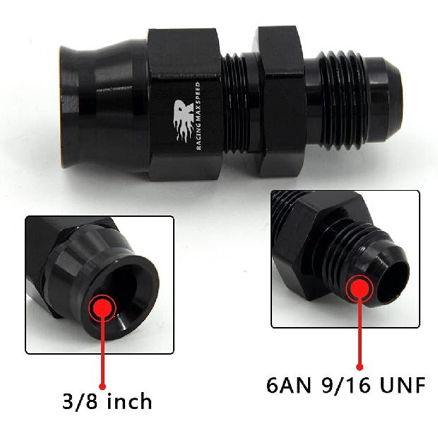 6AN Male Flare To 3/8" Fuel Hardline Tube Fitting Adapter Connector Aluminum Alloy Black Anodized 2Pcs