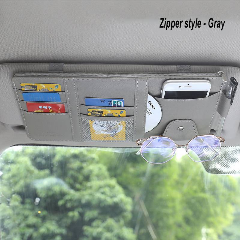 PU Leather Car Sun Visor Organizer Multi-Pocket Auto Storage Pouch With Sunglasses Clip For Card Phone Car Interior Organization