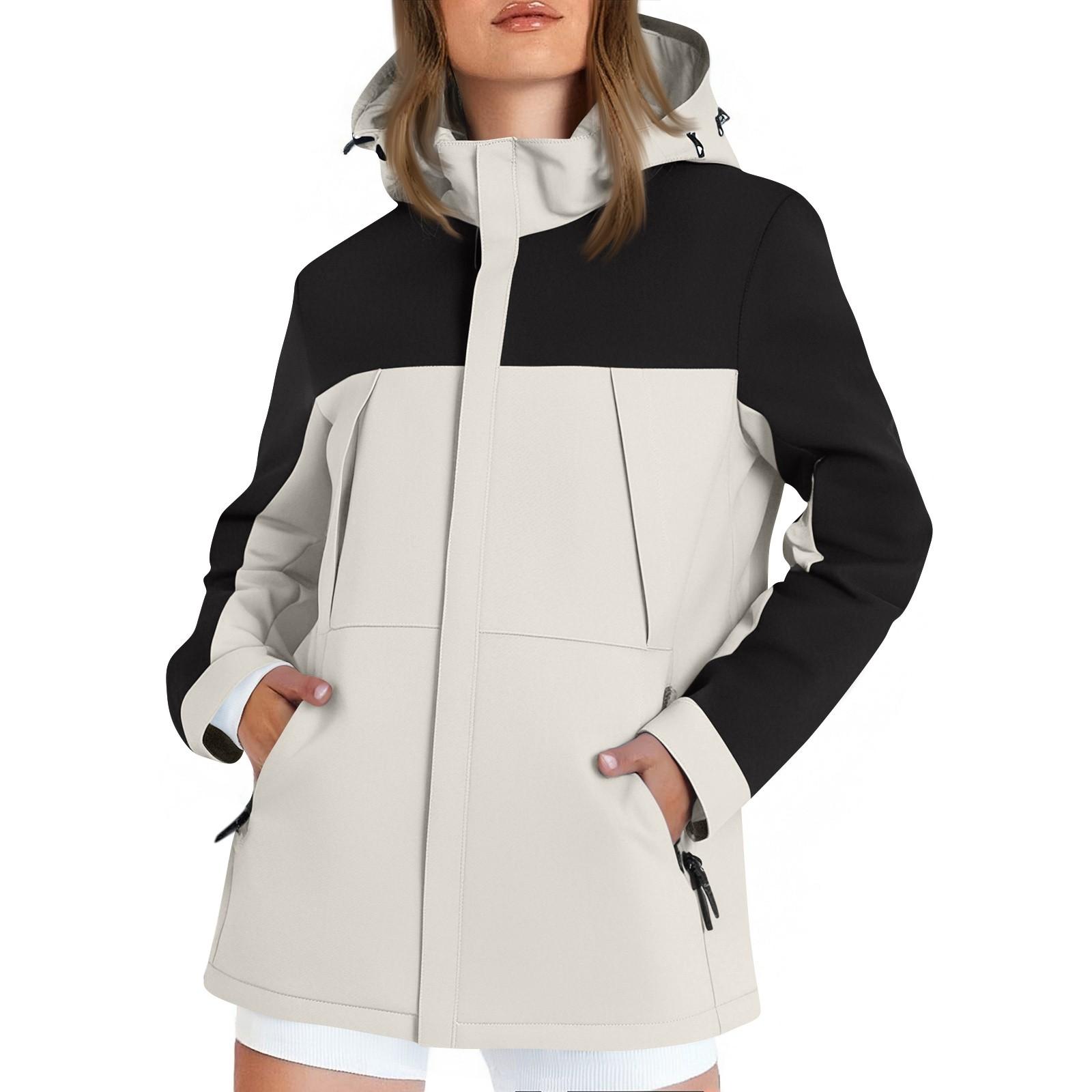 

Женская модная куртка для бега и спорта на открытом воздухе с длинными рукавами, капюшоном, тонкая, водонепроницаемая, с цветными блоками, куртка-субмашина L бежевый