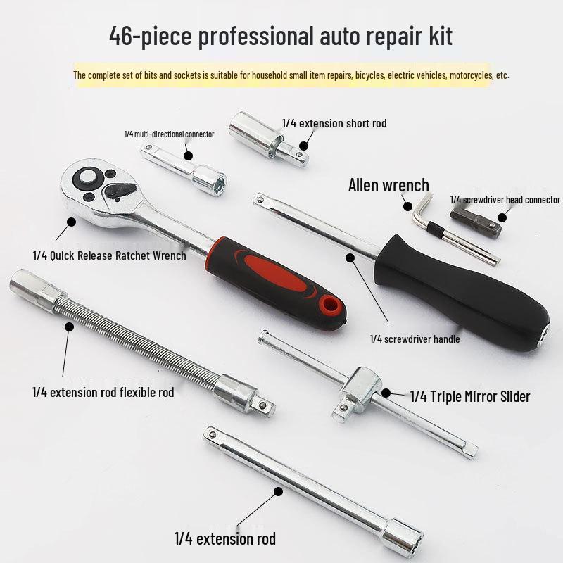46-Piece Household Repair Tool Set with 1/4 Ratchet, Sockets, Screwdrivers, Hex Key.