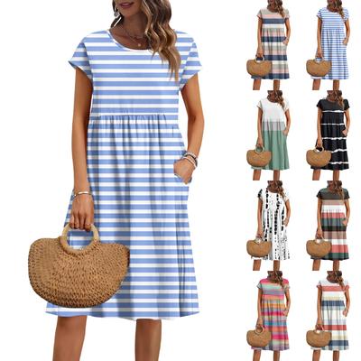 Women's Summer Fashion Casual Round Neck Short Sleeve Striped Print Dress