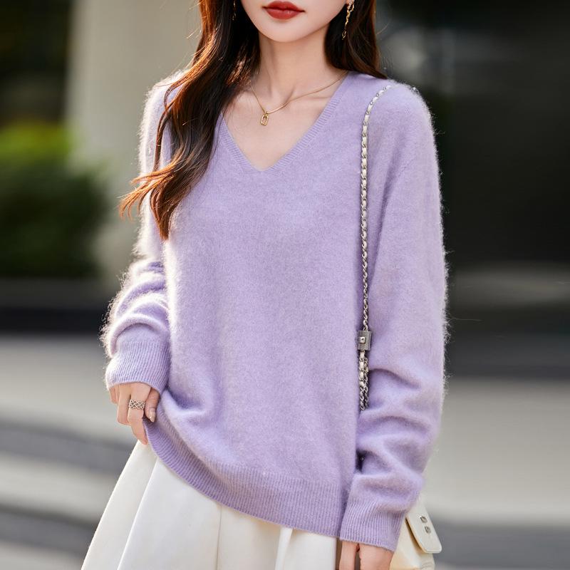 Autumn & Winter 100% Pure Wool V-Neck Loose Women's Knitted Sweater