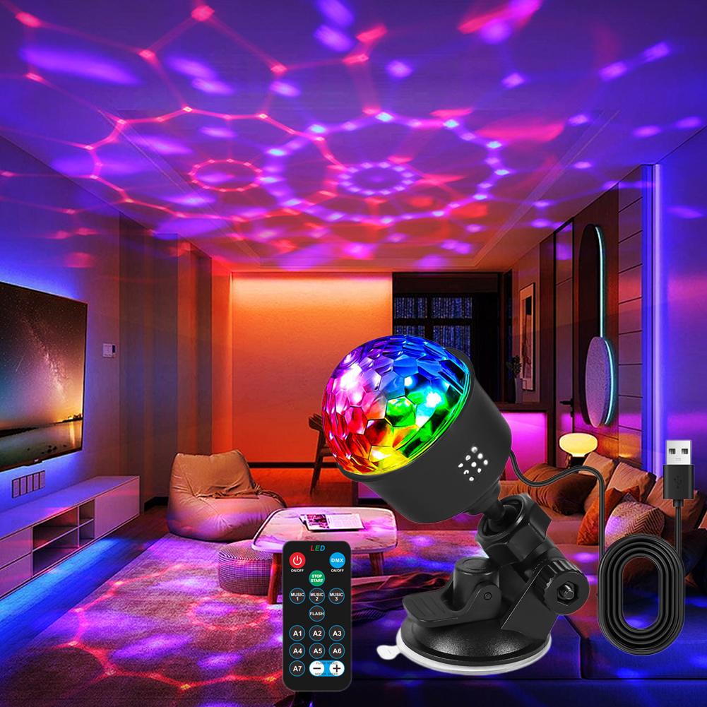 USB RGB Car LED Strip Light Sound Activated Music Rhythm Ambient 7 Color Strobe Disco Party Lamp 360° Rotating Light