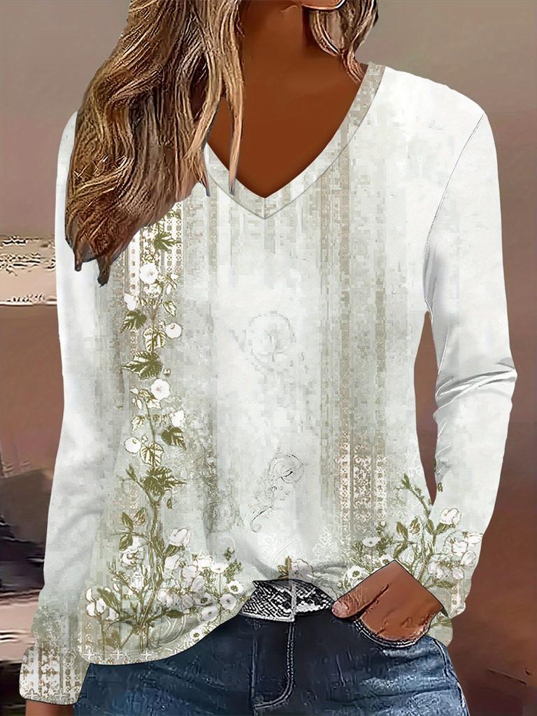 Women's Elegant V-Neck Marble Print Long Sleeve T-Shirt Soft Polyester Great for Autumn and Winter Casual Wear Floral Print Tops
