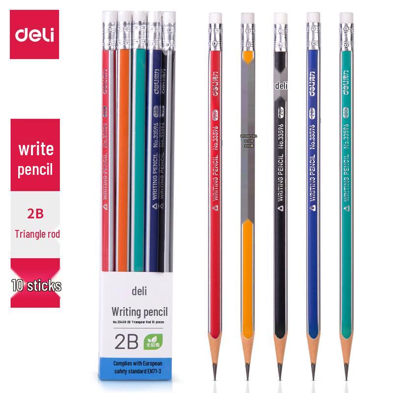 Deli 2B Triangular Colored Pencils with Eraser (10-Pack)