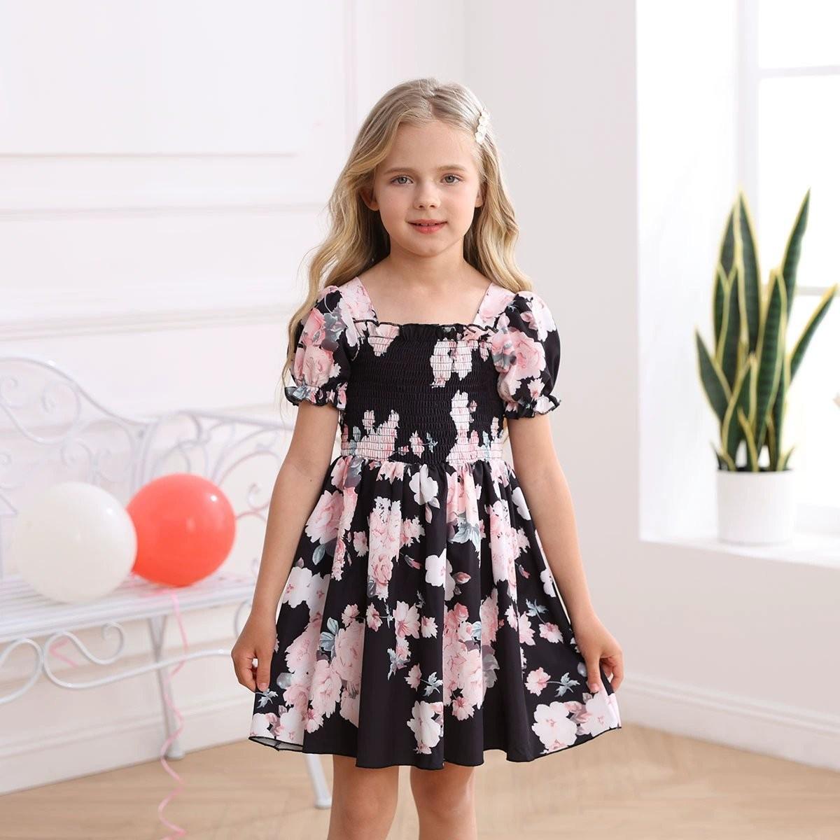 

Girls Puff Sleeve Floral Print Short Sleeve Dress 90