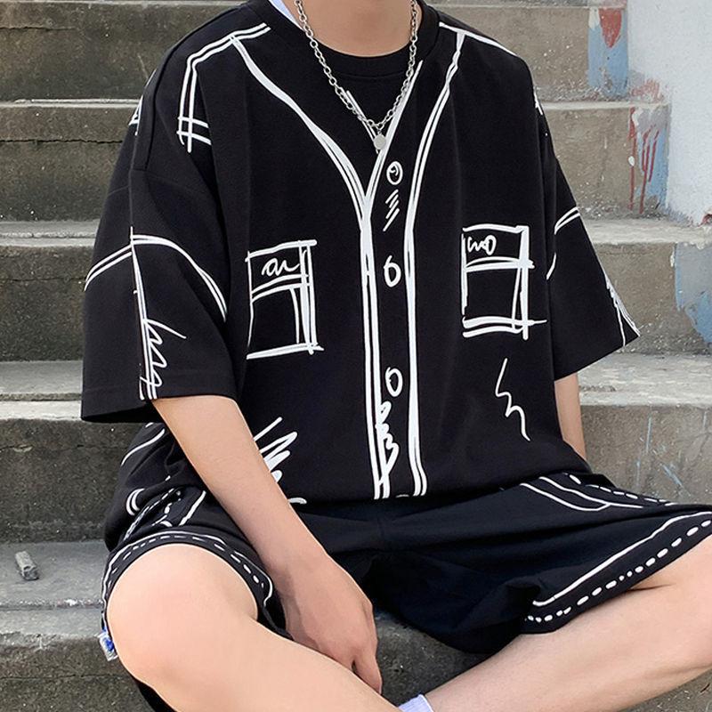 Sommer Elegant Mode Harajuku Slim Fit Herrenkleidung Locker Lässig Alles Passend Sportliche Zerfetzte Kurzarme Zweiteiliges Set