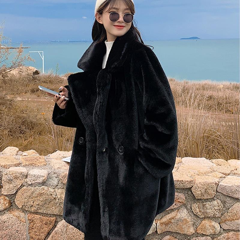 

Зимняя куртка из кроличьего меха свободного кроя с воротником-стойкой из искусственного меха, белое утолщенное плюшевое пальто из норки, универсальное XXL чёрный