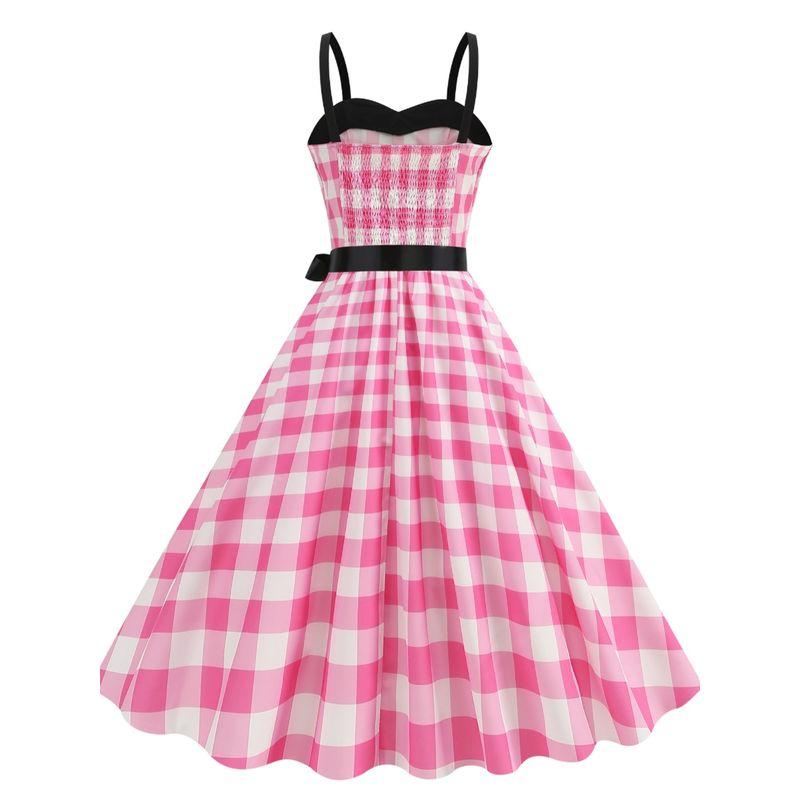 Sweet Retro S Summer Polka Dot Gingham Barbie Pink Color Matching Sleeveless Sling Dress Dance Skirt Morning Gowns