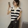 Fashion Lapel Striped Knitted Short Sleeve T-shirt Women V Neck Loose Casual Office Top Spring Summer Elegant Simple Blouse Female Clothing