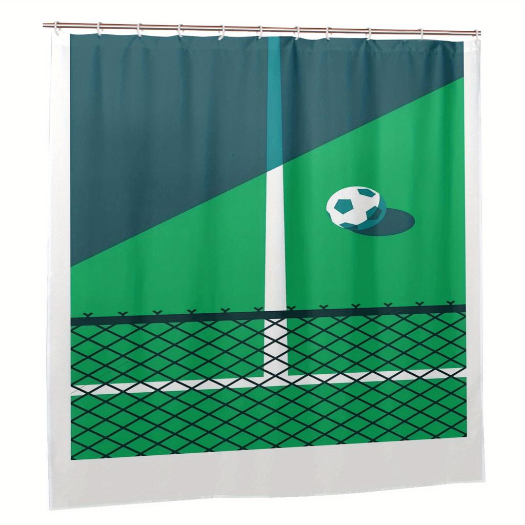 Soccer-Themed Shower Curtain, Green & Blue Football Graphic, Polyester Material, Machine Washable Bathroomsoccer Fan Gift