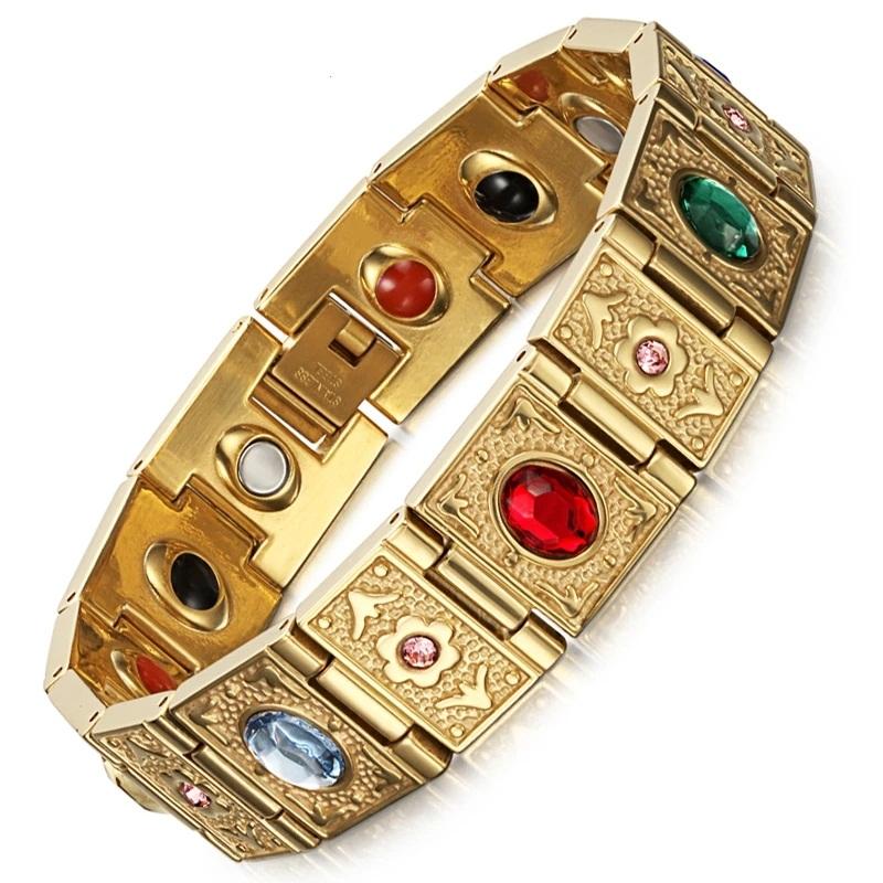 Schweres Punk Goldfarben Edelstahl Bio-Energie Kettenarmband Herren Wonen HipHop CZ Zirkon Gesundheit Magnetisches Armband Schmuck