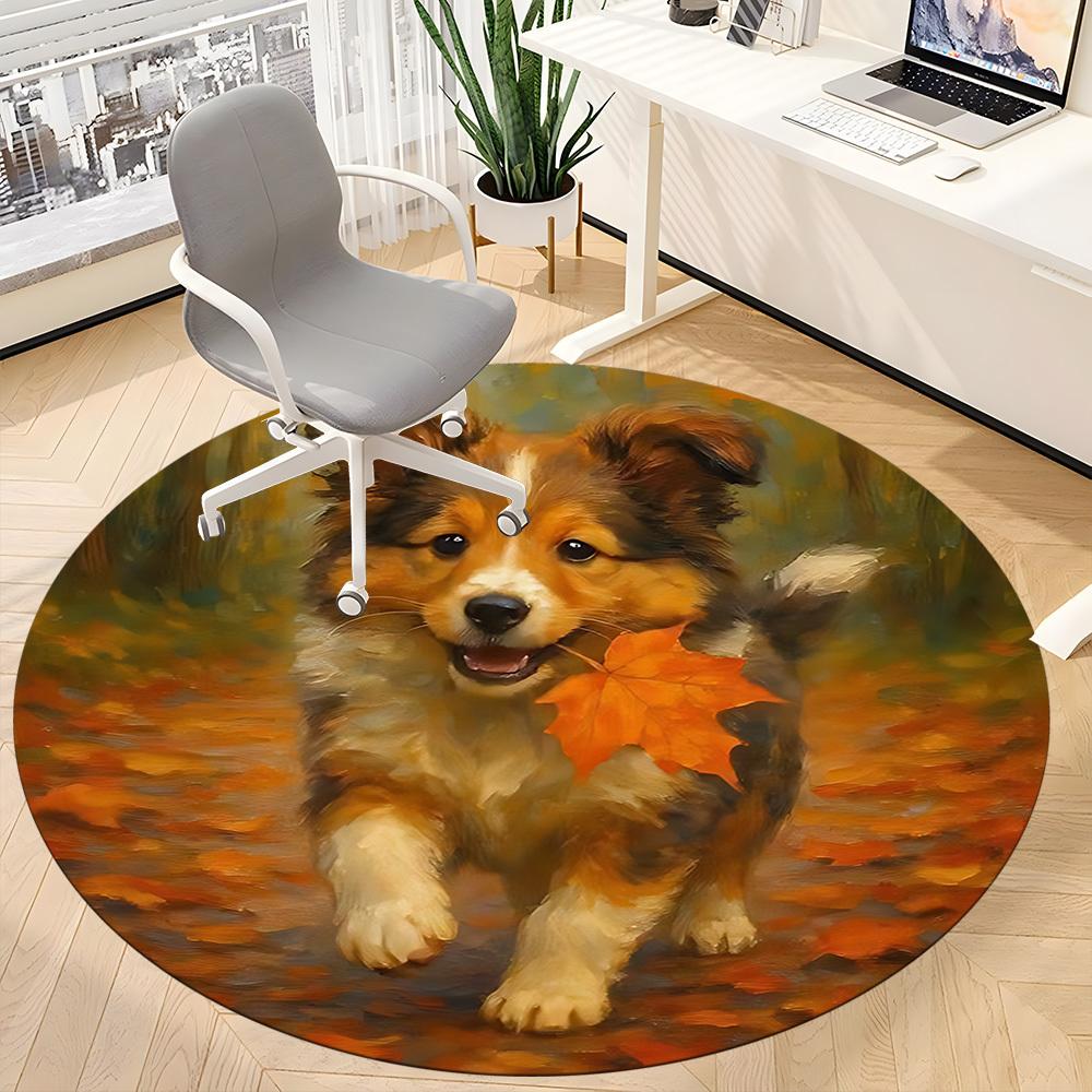 1PC Autumn Pup Office Round Area Rug, Mat Suitable ForOffice, Under Office Chairs Bedroom Living Room Home Decor, Room Deco