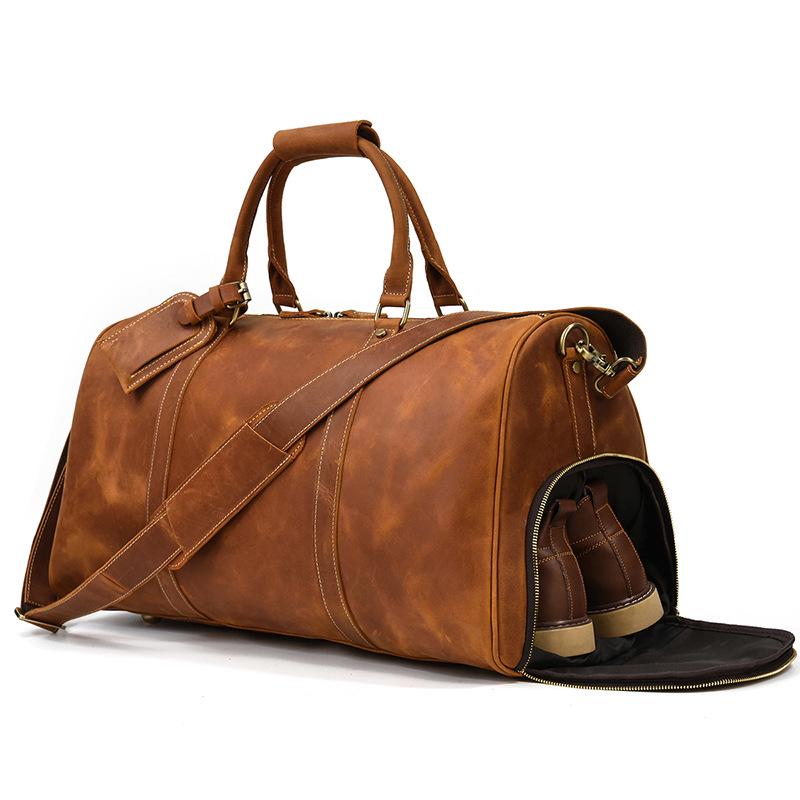 Bolsa de Viagem Masculina de Grande Capacidade em Couro Genuíno – Estilo Europeu e Americano, Couro Bovino de Camada Superior, Bolsa de Mão Casual para Fitness