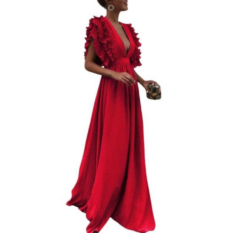 

Women Evening Dress Low Cut V Neck Flying Sleeves Ruffled Pleated High Waist Solid Color Floor Length Prom Cocktail Party Formal Elegant 3XL