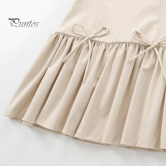 Women Summer Dress Sleeveless Bow Decor Pleated A-line Solid Color Mini Dress Back Zipper Closure O Neck Vest Dress for Dating Party