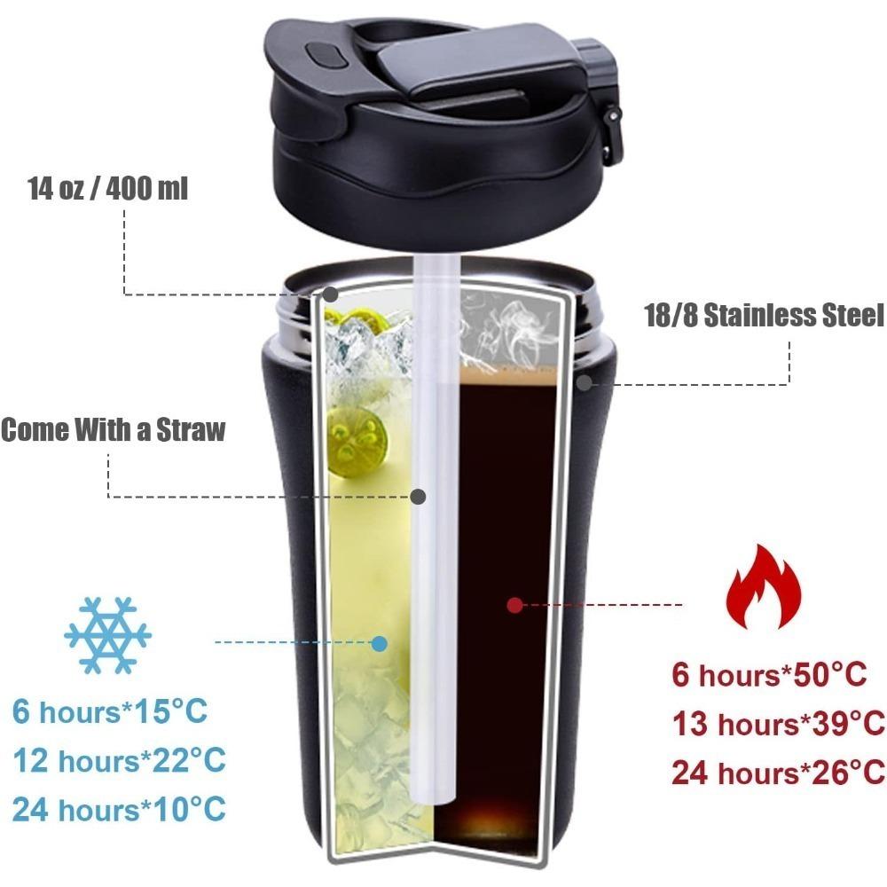 14Oz Insulated Stainless Steel Travel Coffee Mug Spill Proof Travel Mug with Straw Reusable Drinkware for Hot and Cold Beverages