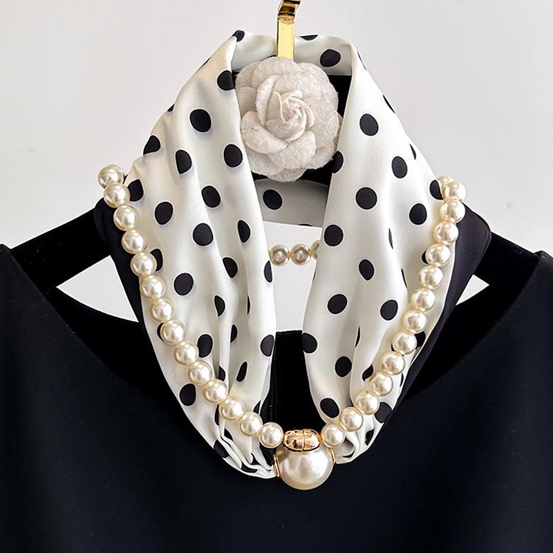 Magnetic Narrow Elegant Satins Neck Scarf Wrap With Pearls Chain Necklace And Buckle For Women Vintage Floral Silk Neckerchief