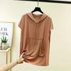 Women's Hooded Short Sleeve Tee Loose Casual Modal Knit Top Summer Daily Pocket Pullover