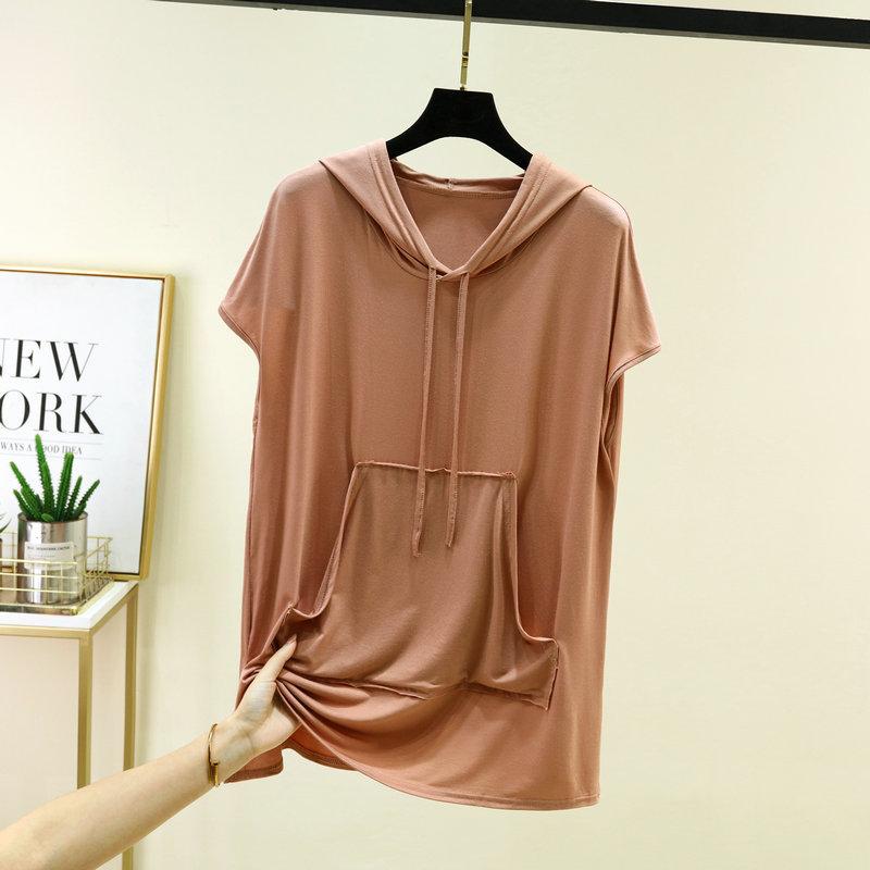 Women's Hooded Short Sleeve Tee Loose Casual Modal Knit Top Summer Daily Pocket Pullover