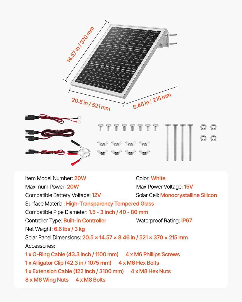20W 12V Solar Panel Battery Charger, Solar Battery Trickle Charger Maintainer with Built-in Controller & 0-60° Adjustable Pole Mount Bracket, IP67 for