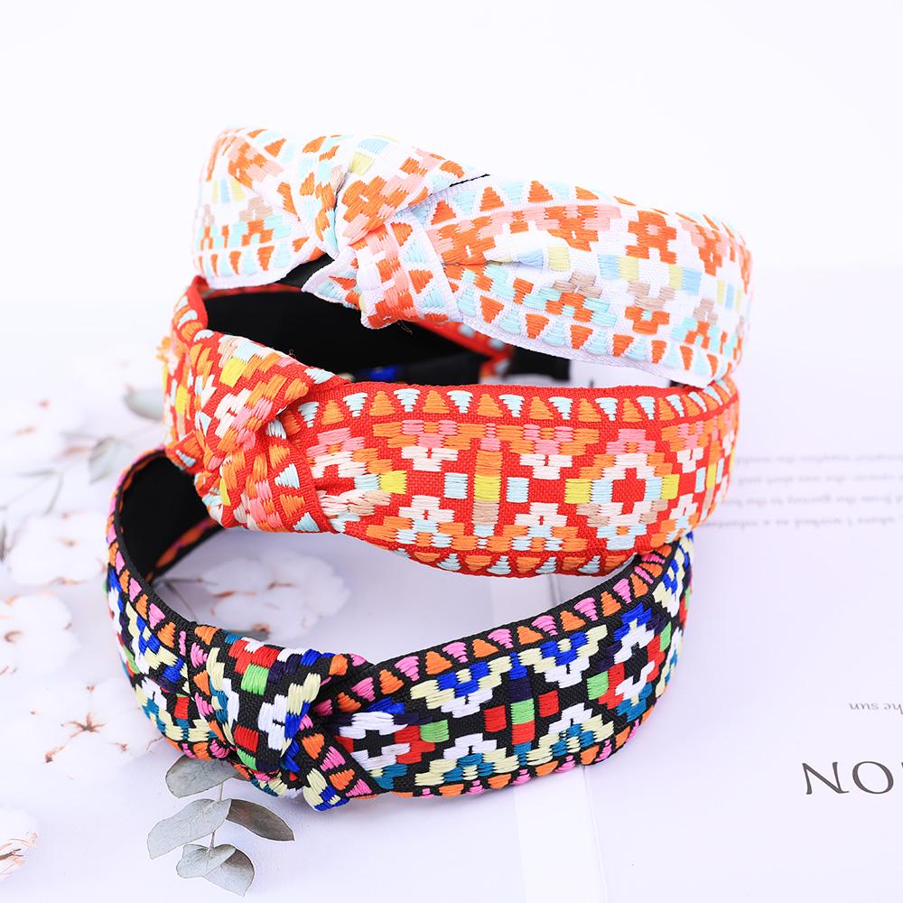 New Retro Knotted Headband For Women Hair Accessories Girls Flower Embroidery Elastic Hairbands Hair Hoops Band Headwear Bezel