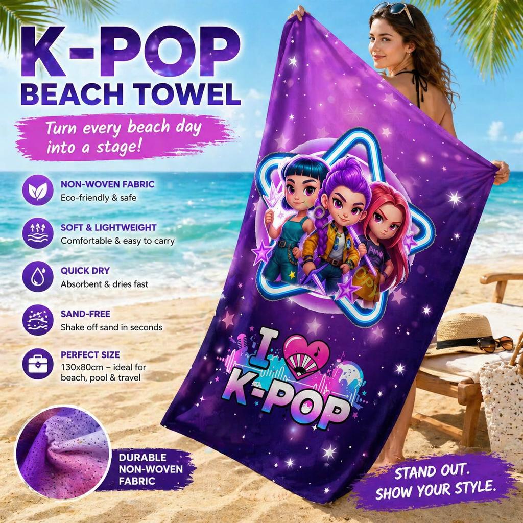 Toalla de Playa K-Pop Morada Dibujos Animados Ídolos Chicas Estampado Plano Suave Toalla de Baño para Viajes de Verano Piscina Libre de Arena