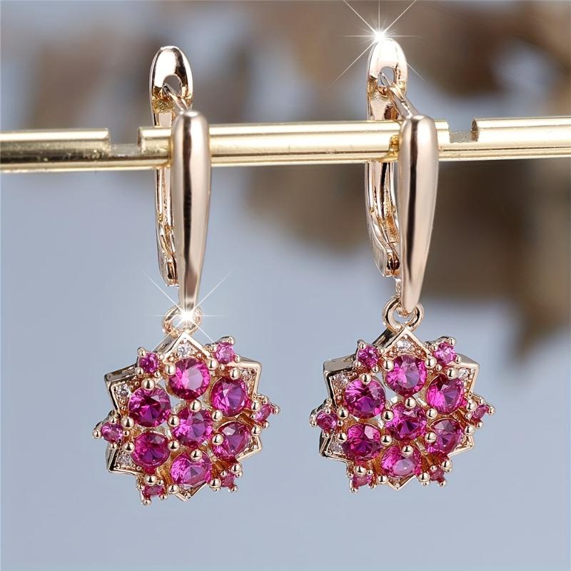 Rosenrote Kristall Runde Zirkon Sonnenblumen Creolen Für Frauen Roségoldene Farbe Hochzeit Blume Schmuck Verlobungsgeschenk