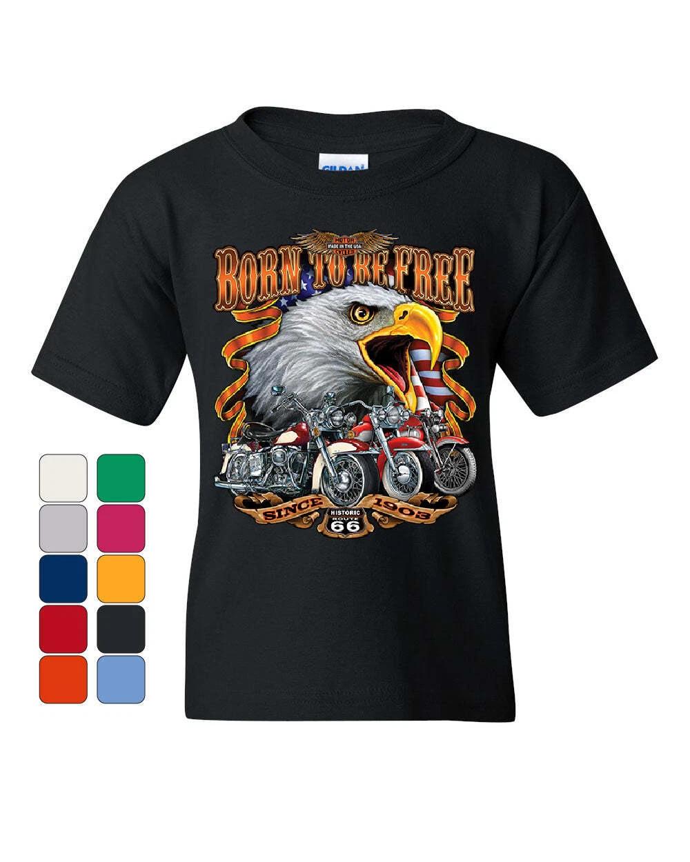 Born to be Free Youth kids boys T-Shirt Historic Route 66 Bald Eagle Biker Gang Kids Tee 100