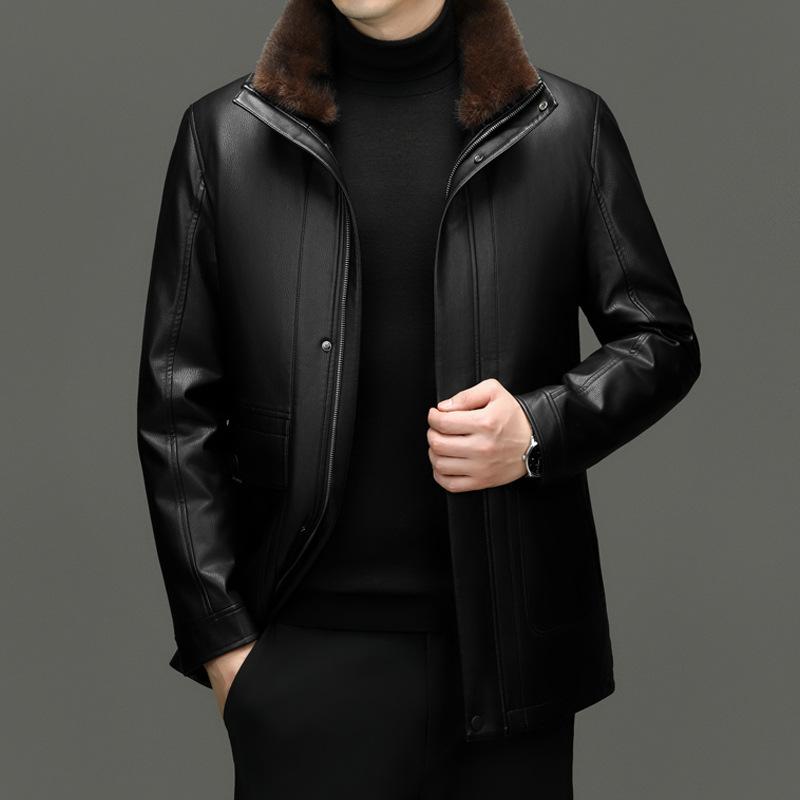Winter Genuine Leather Jacket for Men, Mid-length Velvet Sheepskin Top, Middle-aged Dad's Warm Windproof Jacket