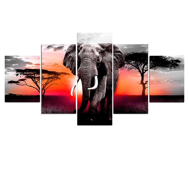 5 Paneler Elefantaffischer Canvasmålning Modern Heminredning Solnedgång Afrikanska Djurtryck Väggkonst Bilder Vardagsrum Utan Ram