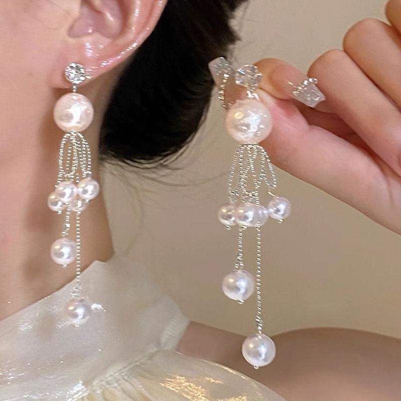 French Retro Pearl  Bow Tassel Dangle Earrings For Women  Elegant Tassel Jewelry Party Gifts
