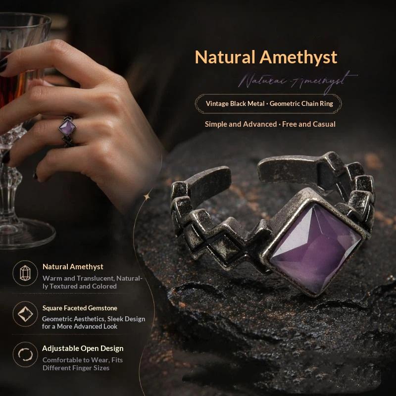 1Pcs Retro Crystal Ring Natural Stone Amethyst White Crystal Handmade Vintage Punk Finger Ring Jewelry Gift