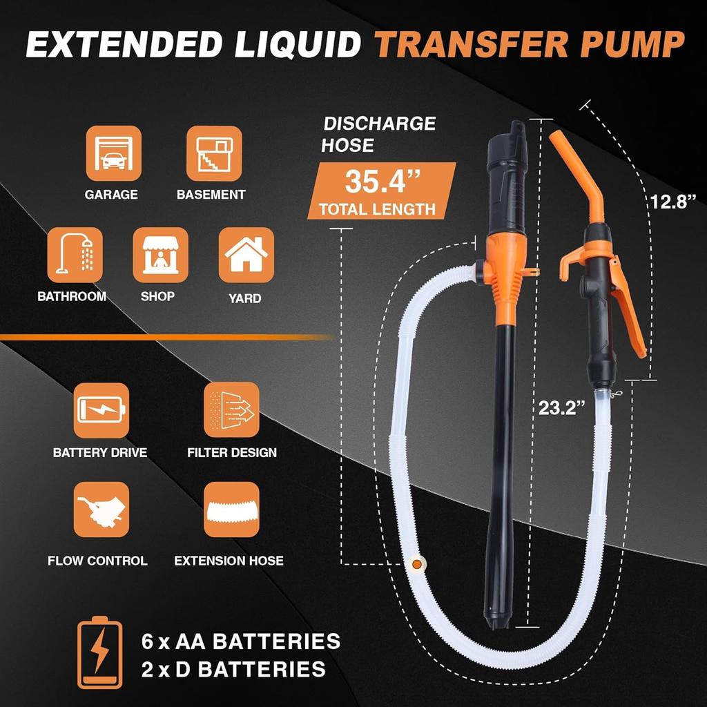 Portable Power Battery Pump, Fuel Transfer Pump Battery Operated Electric Siphon Pump For Gas, Fuel, Diesel, Water Transfer 2.4 GPM, Extra Long Hose,