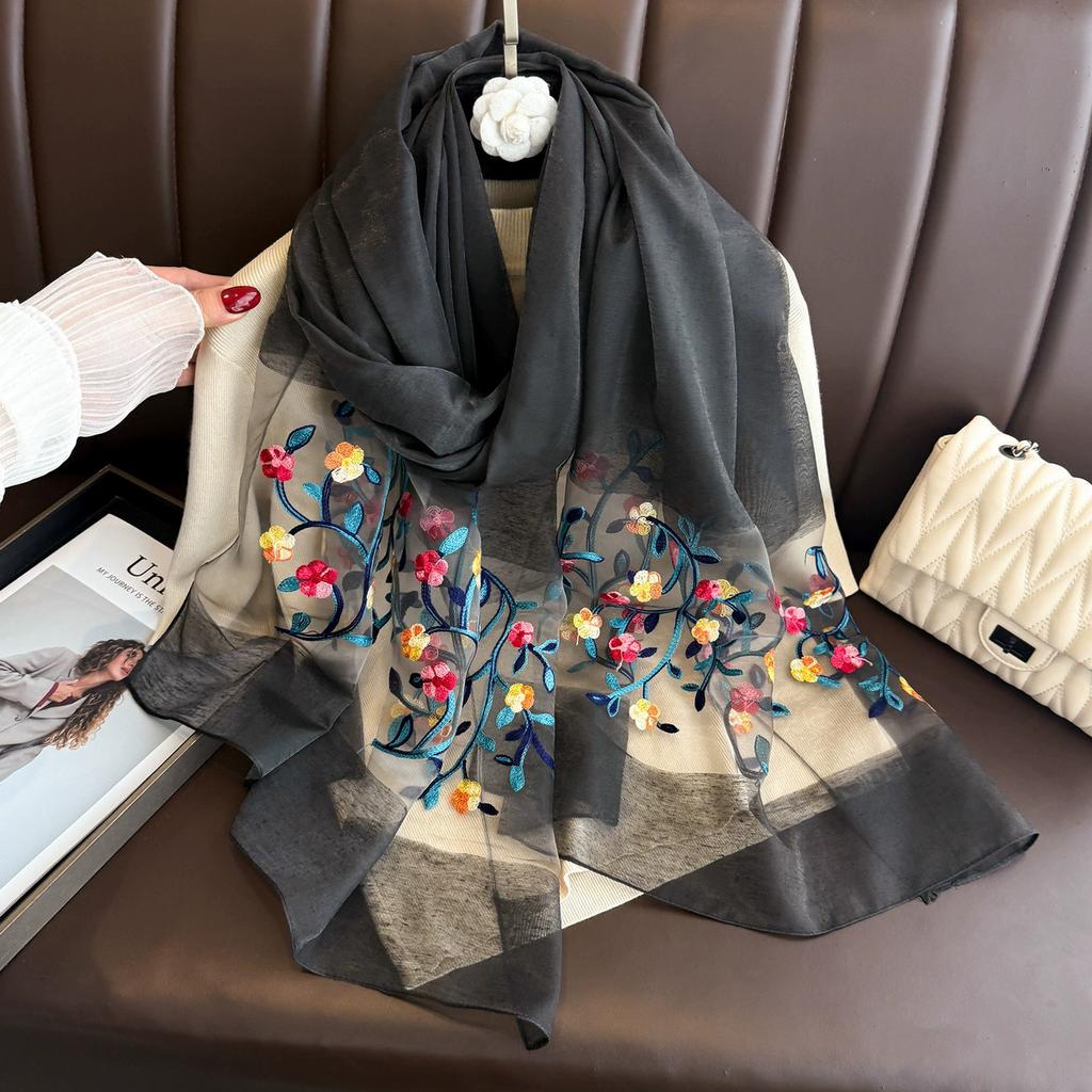 Elegant Soft Thin Luxury Silk Scarf Flower Embroidery Foulard Women Hijab Shawls Large Wraps Shiny Lace Scarf Female