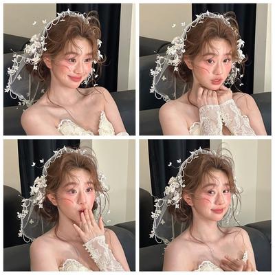 Retro Bride Lace Bow Long Headband with Ribbon Bridal Lace Bow Ribbon Headband